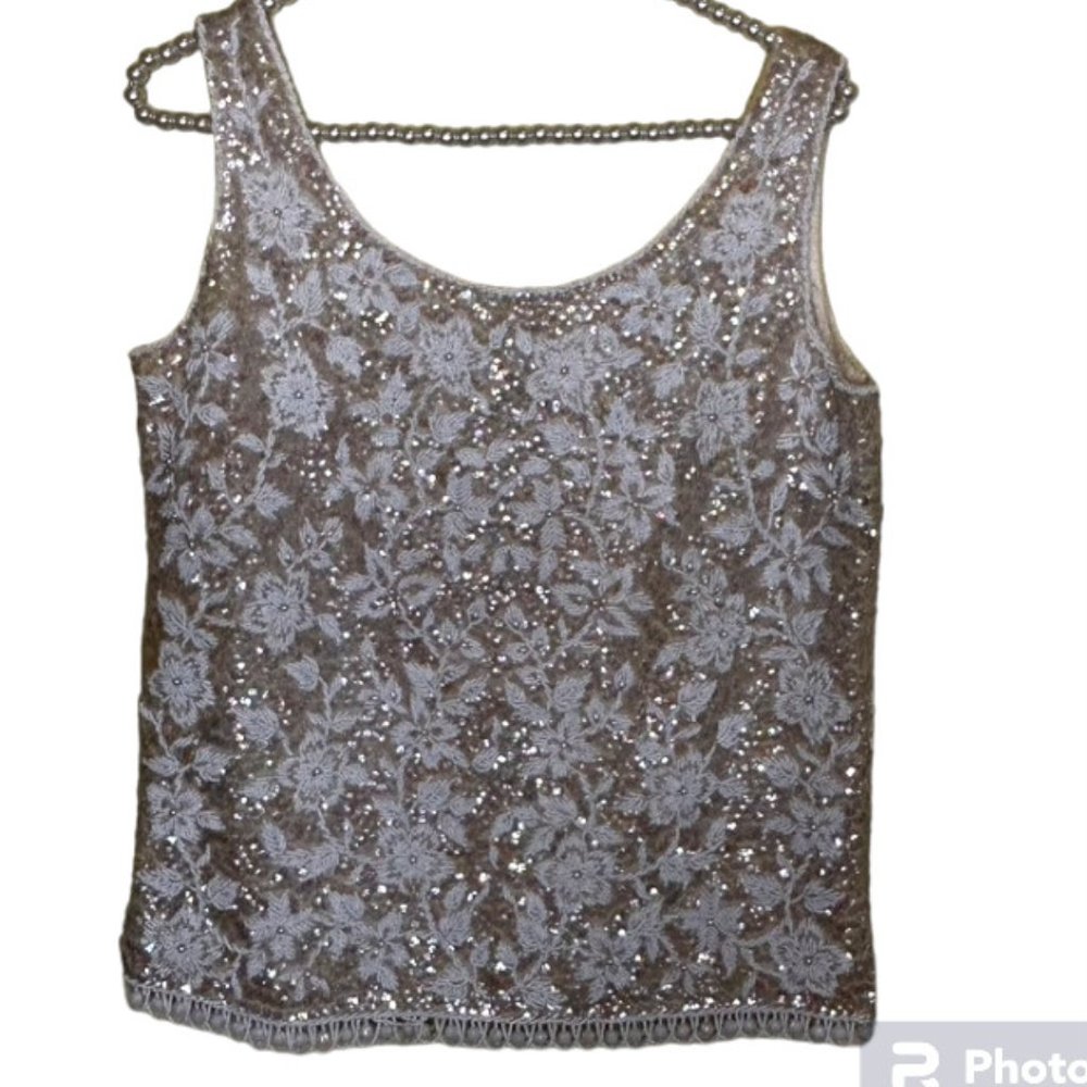 Stephen Chu Vintage Fully Lined Sequined and Beaded Sleeveless Top L EUC
